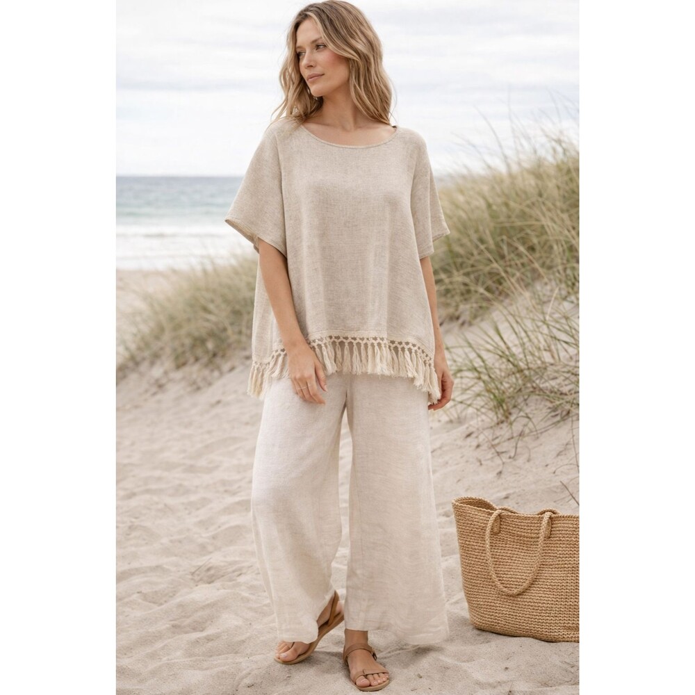 Linen Blend Fringe Tunic Top Boxy Boho Coastal Lagenlook Umgee Sz S
